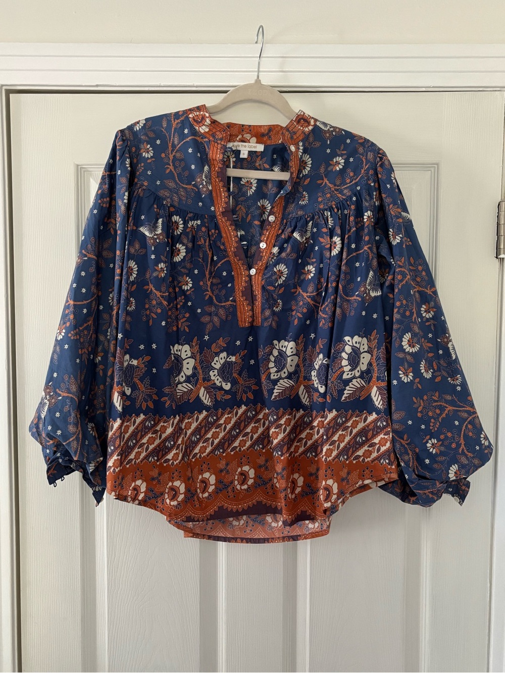 Boho Floral Peasant Blouse in Navy and Rust